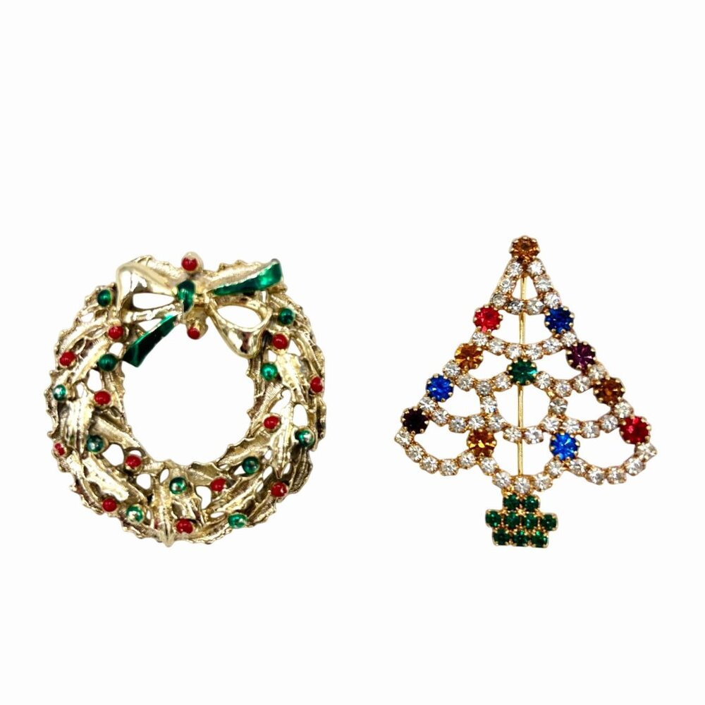 VINTAGE RHINESTONE CHRISTMAS TREE & GOLD TONE METAL WREATH BROOCH PINS